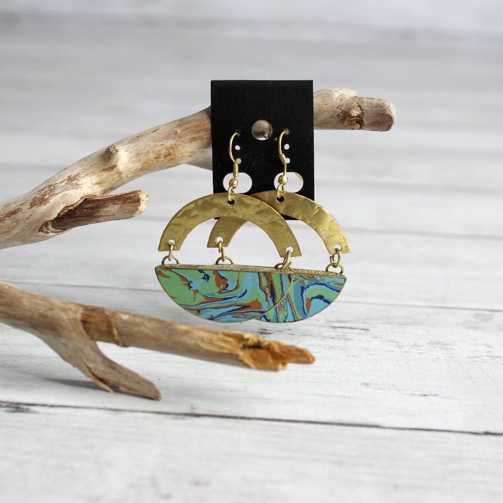 Handcrafted Women's Earrings Artisan Jewelry Hand Worked Gold Enamel